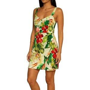 Shore Barcelona Floral Fitted Mini Dress Tulip Hem Blooming Bali XS